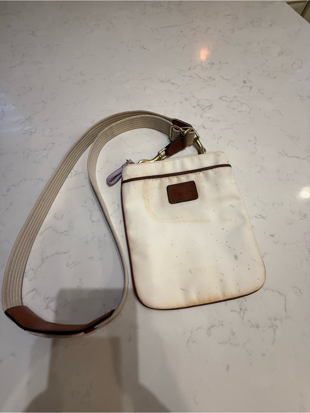 Coach Cream Crossbody with Brown Trim and Lavender Pull